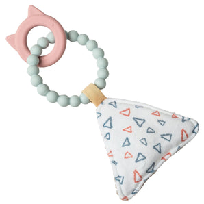 Mary Meyers Simply Silicone Soft Squeaker, Kitty: A teether with blue beads, a pink cat-ear ring, and a plush triangle in fun patterns.