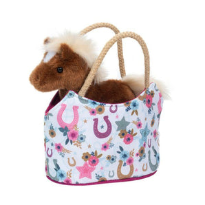 Douglas Boho Horseshoe Sassy Sak with Horse is a plush toy in a floral bag with tan rope handles, adding Boho-chic flair.