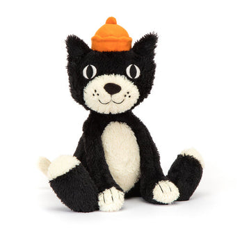 Meet Jellycats Jack Medium, a plush tuxedo cat with a smiling face, donning an orange hat and sitting with outstretched legs.