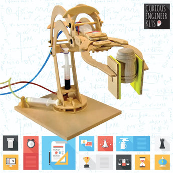 The Make A Robotic Arm Kit by Copernicus Toys offers hands-on learning with a syringe mechanism and hydraulic principles on a stand.