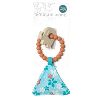 Mary Meyers Soft Squeaker, Elephant: baby teething toy with silicone ring & floral cloth. Packaged on a white card.