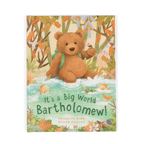 Jellycats Its a Big World Bartholomew book features Bartholomew Bear in a pond, with fish and trees, perfect for bedtime.