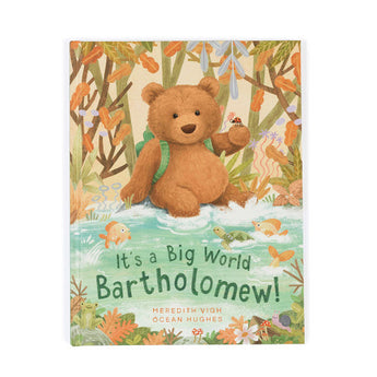Jellycats Its a Big World Bartholomew book features Bartholomew Bear in a pond, with fish and trees, perfect for bedtime.