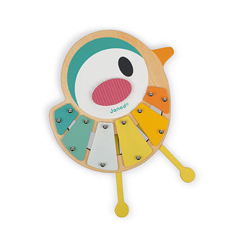 Pure Bird Xylo by Janod Juratoys: A bird-shaped xylophone with a wooden base, metal keys in modern hues, and anti-skid feet.