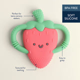 The Itzy Ritzy Chew Crew Strawberry teether, BPA free with a smiling face and textured bottom, is perfect for soothing sore gums.