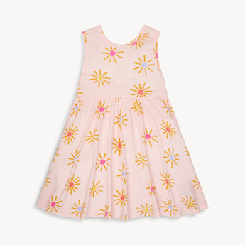 Magnetic Mes Magnetic Dress, Put On Your Sunnies: Sleeveless pink dress with yellow and pink sunburst patterns and a gathered waist.