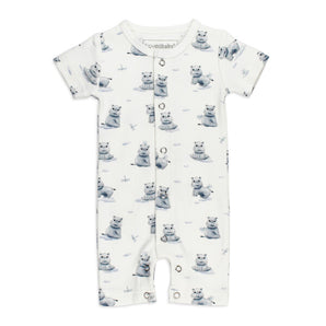 White Lovedbaby Organic Short Sleeved Romper with a gray hippo print. Made from soft, safe organic cotton and eco-friendly dyes.