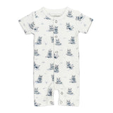 White Lovedbaby Organic Short Sleeved Romper with a gray hippo print. Made from soft, safe organic cotton and eco-friendly dyes.