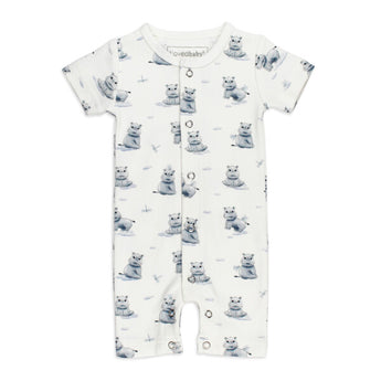 White Lovedbaby Organic Short Sleeved Romper with a gray hippo print. Made from soft, safe organic cotton and eco-friendly dyes.