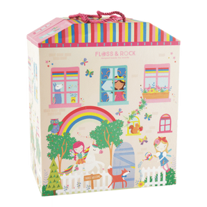 The Rainbow Fairy Playhouse by Floss and Rock is a house-shaped toy box with colorful drawings of children, animals, and a vivid rainbow.