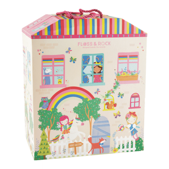 The Rainbow Fairy Playhouse by Floss and Rock is a house-shaped toy box with colorful drawings of children, animals, and a vivid rainbow.