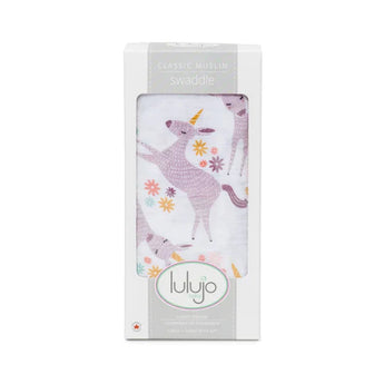 Lulujo Inc. Cotton Swaddle in Unicorn print is visible through a window in the white box packaging.