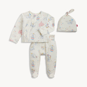 Magnetic Me, Kimono Dumbo Circus: cream long sleeve shirt with circus elephant pattern & magnetic closure, pants & hat; made of TENCEL modal.