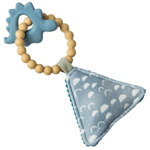 Simply Silicone Soft Squeaker, Dino by Mary Meyer: Blue dino teether with beige silicone beads + soft, patterned fabric.