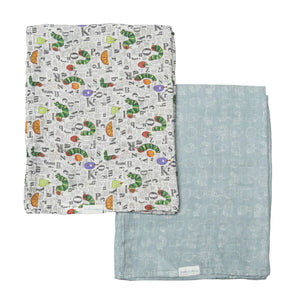LouLou Lollipop Muslin Swaddle Set: One with Eric Carles The Very Hungry Caterpillar print, one in solid light blue.