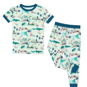 Emerson and Friends PJs, Coral Reef: buttery soft bamboo kids pajamas with blue trim on collar, cuffs & waistband.