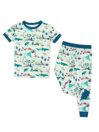 Emerson and Friends PJs, Coral Reef: buttery soft bamboo kids pajamas with blue trim on collar, cuffs & waistband.