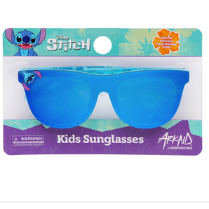 Sunstaches Arkaid sunglasses feature a Stitch design in blue, UV protection, and impact-resistant lenses for kids.
