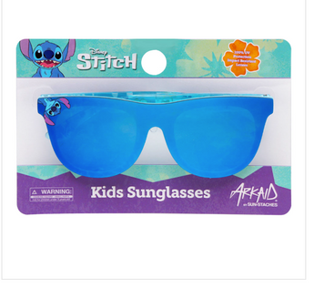 Sunstaches Arkaid sunglasses feature a Stitch design in blue, UV protection, and impact-resistant lenses for kids.