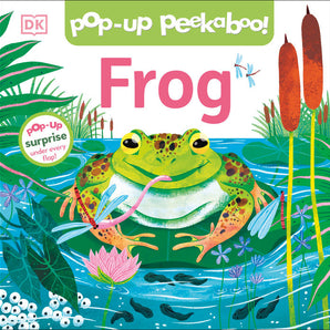 The Pop-Up Peekaboo! Frog Board Book by Random House features a vibrant cover with a frog, pond plants, and dragonflies for hands-on fun.