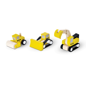 The PlanToys Wooden Road Construction Set includes a steamroller, bulldozer, and excavator in yellow and black, made sustainably.