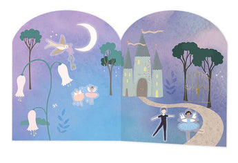 The Floss and Rock Stick and Play, Enchanted set depicts a fairy tale scene with a castle, fairies, and dancers under a moonlit sky.