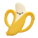The Itzy Ritzy Chew Crew Banana is a soft silicone, banana-shaped teething toy with textured ends and handles for easy grip.