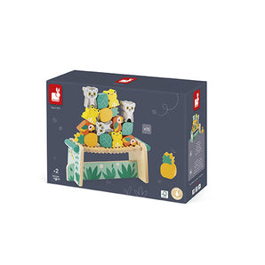 Tropical Balancing Game: dark gray box with photo of colorful wood tropical animal toys.