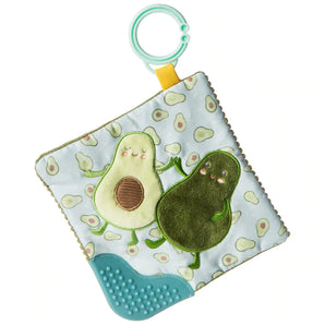 Mary Meyers Crinkle Teether, Avocado features avocado characters, a teething ring, crinkle sound, and a textured blue corner.