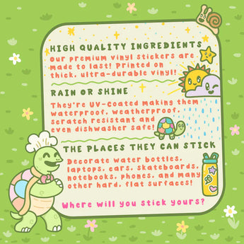 Cartoon turtle beside details; scratch-resistant, UV-coated. Stick on laptops, weatherproof bottles. Vinyl Sticker by Turtle Soup.