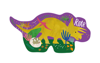 12 Piece Dinosaur Puzzle by Floss and Rock: Triceratops, plants, pterodactyl, and egg on purple with Roar near its head.