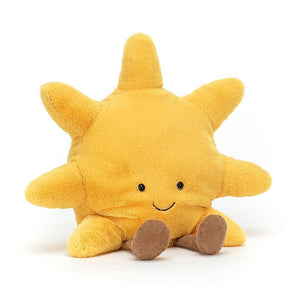 Meet the Jellycat Amuseable Sun Medium—a plush toy shaped like a smiling sun with stubby rays and tiny brown feet.
