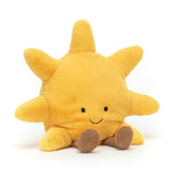 Meet the Jellycat Amuseable Sun Medium—a plush toy shaped like a smiling sun with stubby rays and tiny brown feet.