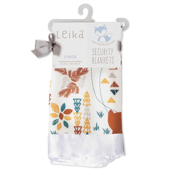 Two-pack of 100% cotton security blankets, Fox Raccoon by Lulujo Inc., with patterns and a silver ribbon on a hanger.
