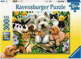 300 Piece Puzzle, Happy Animal Buddies: yellow & white puzzle with realistic animal illustrations; text "Ravensburger Puzzle 9+ XXL 300."
