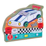 40 Piece Puzzle by Floss and Rock with cars, a checkered flag, and colorful tires. A perfect gift for car enthusiasts!.