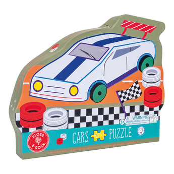 40 Piece Puzzle by Floss and Rock with cars, a checkered flag, and colorful tires. A perfect gift for car enthusiasts!.