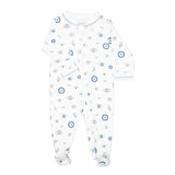 The Noomie Zipper Footie, Evil Eye, is a hypoallergenic Pima Cotton onesie with playful blue and gray designs, long sleeves, and footed legs.