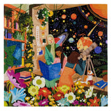 Three astronomers engage over a book and telescope in a vibrant room for the Bookstore Astronomers by Eeboo 500-piece puzzle.