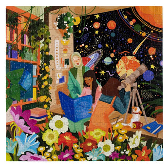 Three astronomers engage over a book and telescope in a vibrant room for the Bookstore Astronomers by Eeboo 500-piece puzzle.