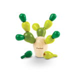 PlanToys Balancing Cactus Mini, sustainably made, includes green pegs in varying shades, with some attached and one beside it.