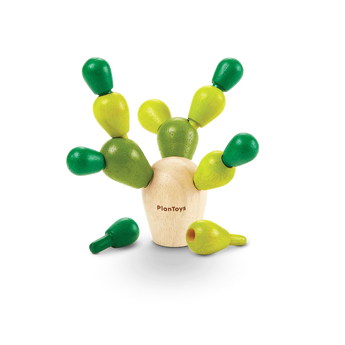 PlanToys Balancing Cactus Mini, sustainably made, includes green pegs in varying shades, with some attached and one beside it.