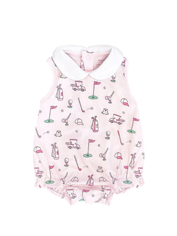 Noomies pink golf bubble romper with white collar features golf-themed illustrations and is made from soft Pima cotton.