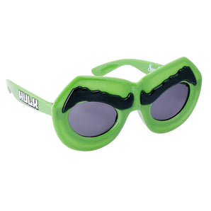 Sunstaches Lil Characters Hulk sunglasses feature green lenses, UV400 protection, and bold eyebrows with Hulk text on the arms.