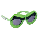 Sunstaches Lil Characters Hulk sunglasses feature green lenses, UV400 protection, and bold eyebrows with Hulk text on the arms.