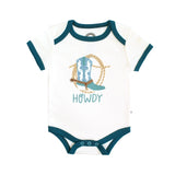 The Emerson and Friends Luxury Bodysuit, Howdy: white with teal trim, luxe cotton, cowboy boot & lasso print on front.