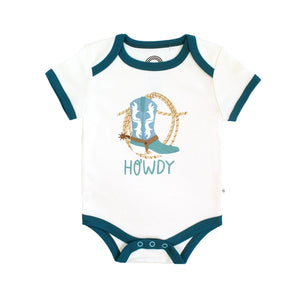 The Emerson and Friends Luxury Bodysuit, Howdy: white cotton onesie with teal trim and unique cowboy-themed prints.