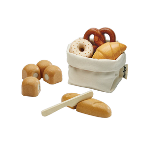 Bread Set: cream pouch with PlanToys tag, wood bread, buns, croissant, pretzel, & donut, and wood knife.