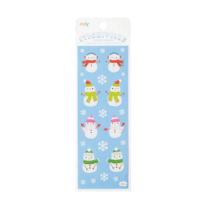 Textured OOLY Stickers, Snow Friends: snowmen & snowflakes on blue, perfect for charming your school supplies.