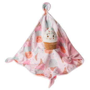 The Mary Meyer Sweet Soothie Blanket features ice cream designs, a plush cone in the center, and knotted corners for tactile fun.